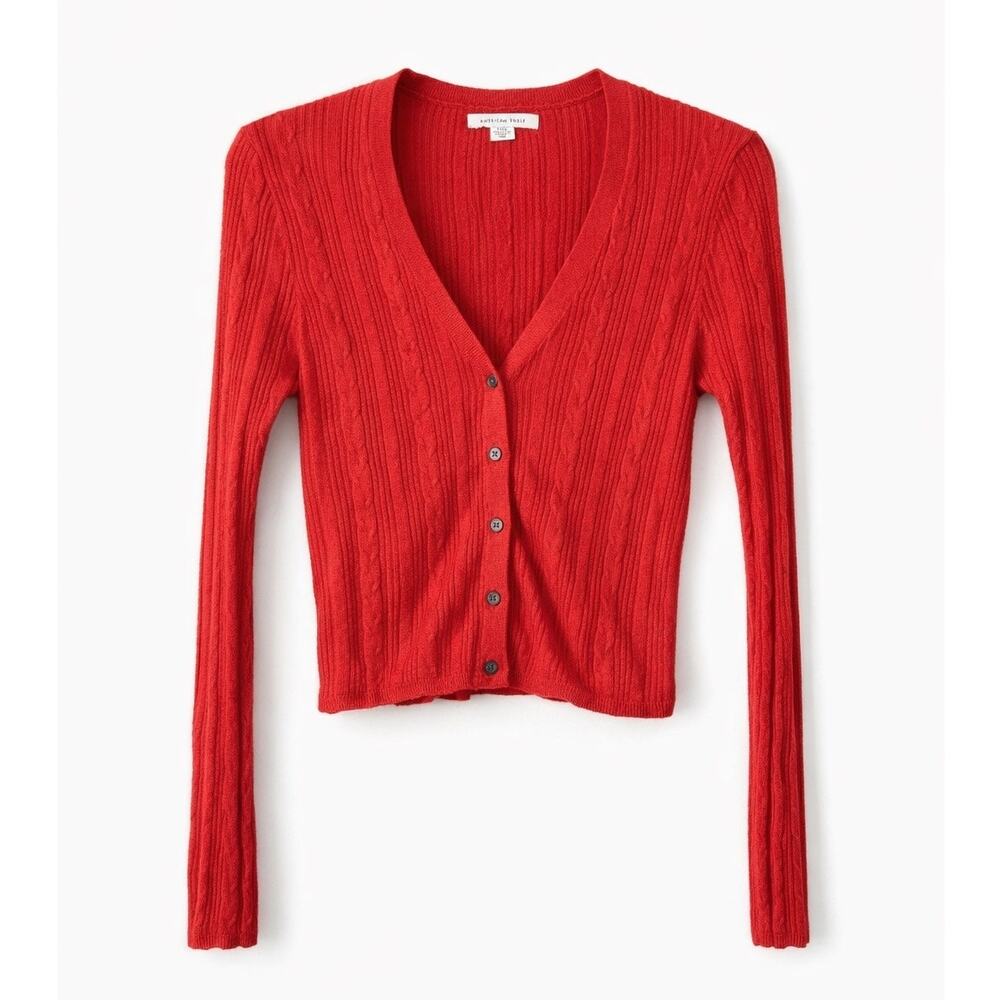 American Eagle Red Cropped Cardigan Ribbed Knit Button Front Fitted M